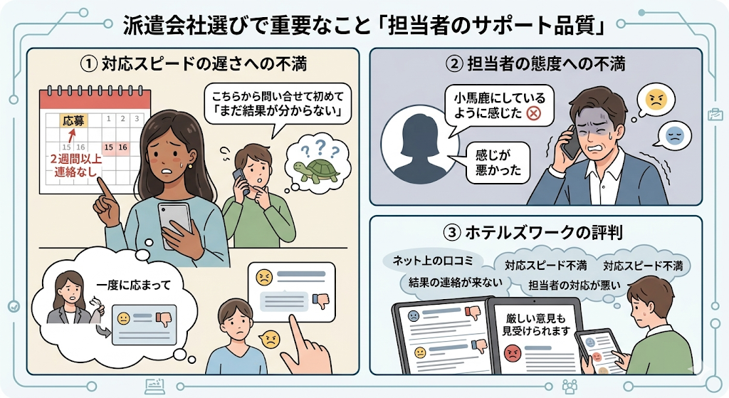 派遣会社を選ぶ上で非常に重要なのが「担当者のサポート品質」ですが、ホテルズワークの担当者に対しては厳しい意見も見受けられることをわかりやすく図解