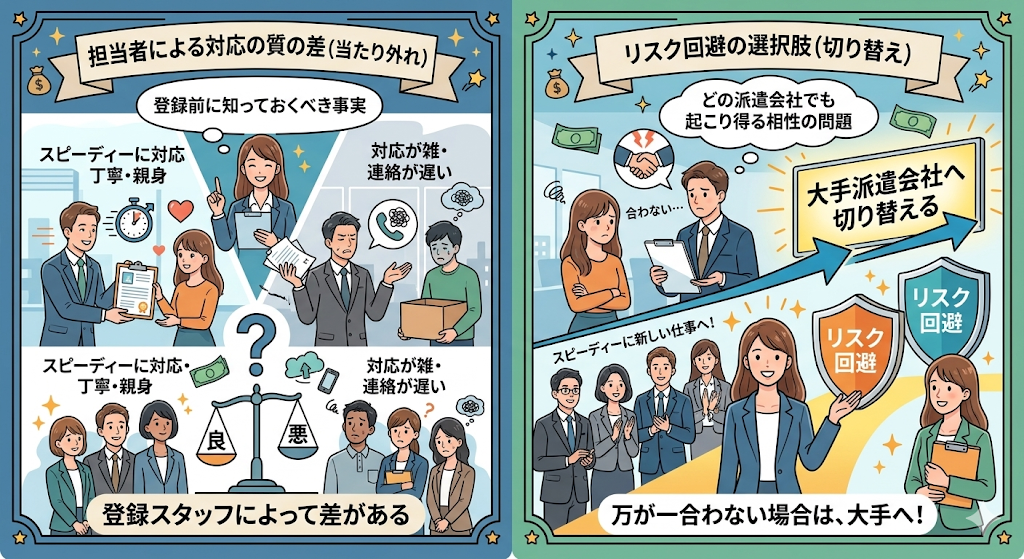 万が一合わないと感じた場合は、すぐに大手派遣会社に切り替えるという選択肢を持っておくことで、リスクを回避できることをわかりやすく図解