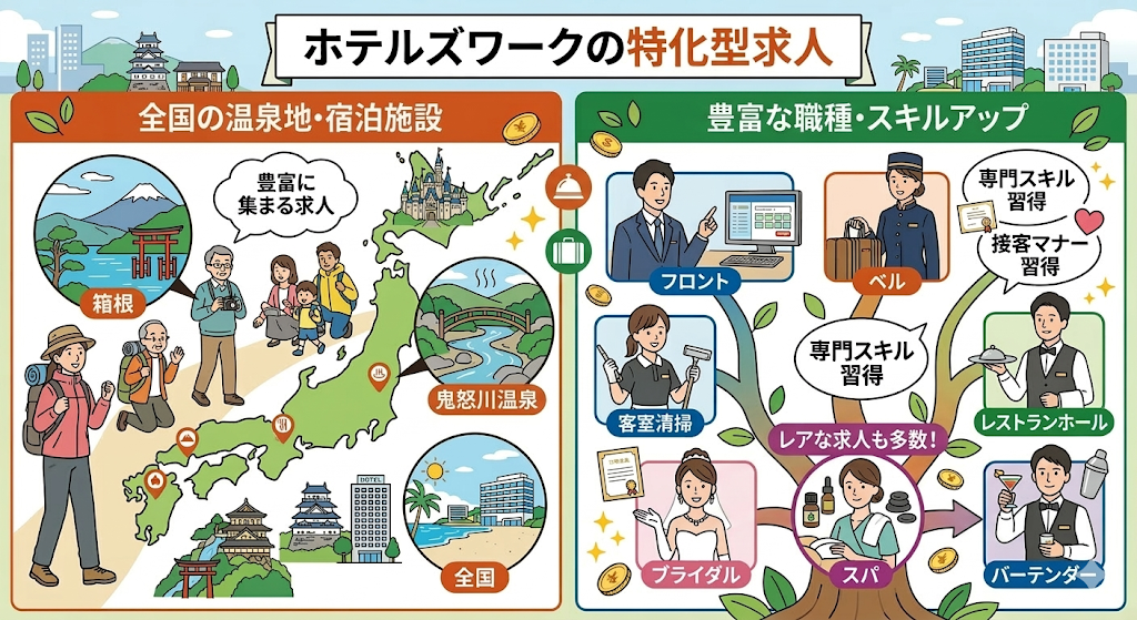 メリット1:ホテル・旅館のリゾートバイト求人に特化しているをわかりやすく図解