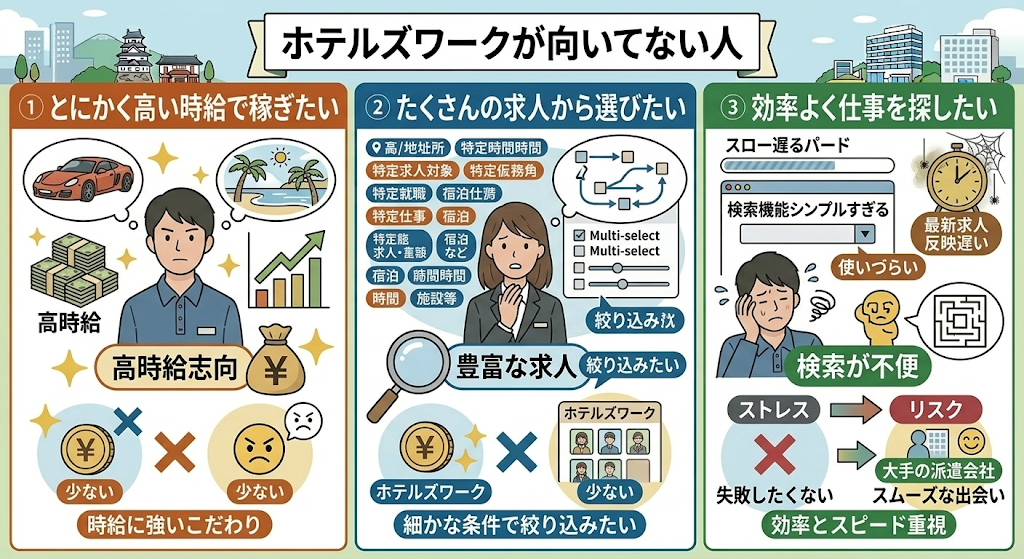 逆に求人数や高時給を求める人は他社リゾートバイト派遣会社も検討すべきをわかりやすく図解