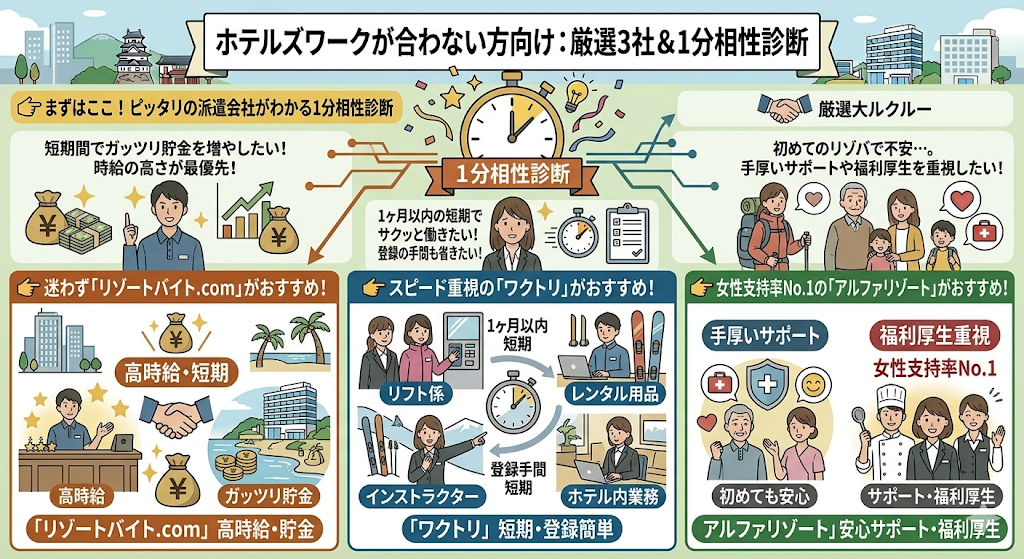 ホテルズワーク以外で失敗しない!目的別・安全な厳選3社との比較をわかりやすく図解