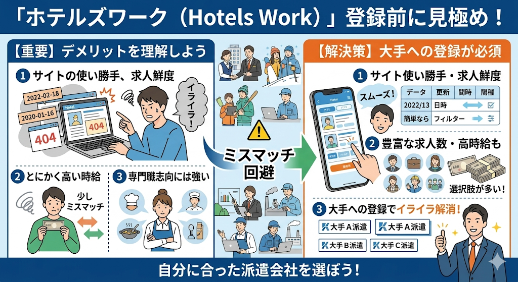 サイトの使い勝手や求人の鮮度、とにかく高い時給を重視する方には、少しミスマッチが起きやすい派遣会社であることも事実をわかりやすく図解