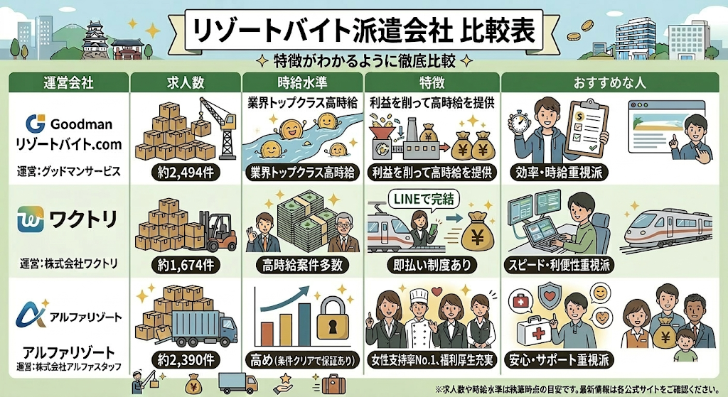 リゾートバイト派遣会社の特徴をまとめた比較表をわかりやすく図解