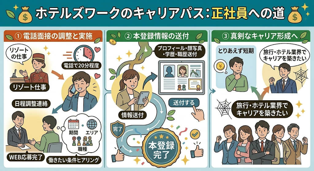 STEP2:担当者との電話面接・本登録をわかりやすく図解
