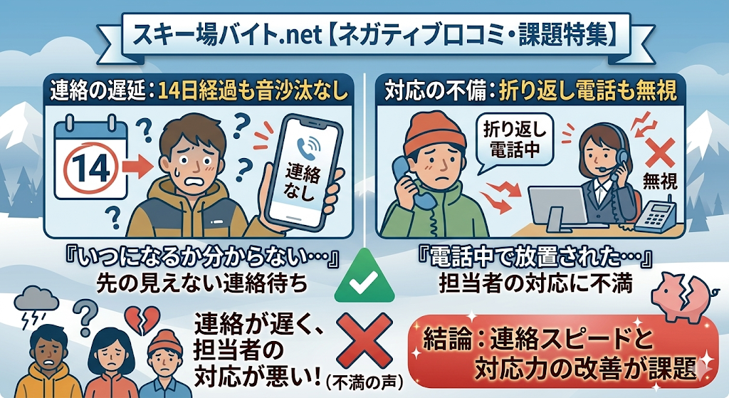 ネガティブな口コミ:応募後の放置や電話対応の悪さに不満の声をわかりやすく図解