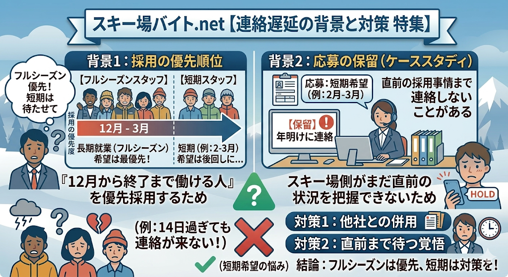 なぜ連絡の遅れが生じるのか?シーズン特有の裏事情を考察をわかりやすく図解