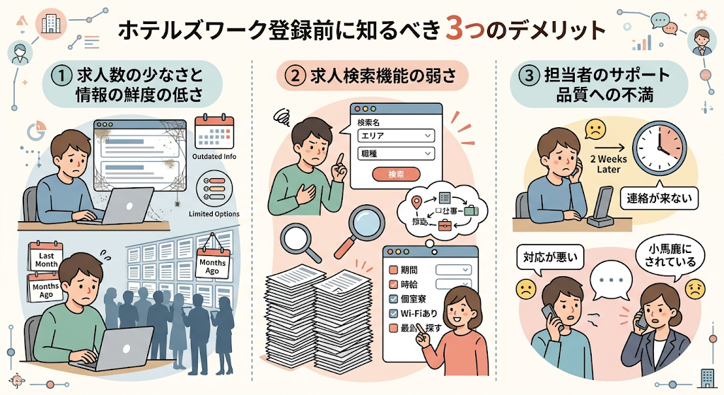 ホテルズワークの悪い評判から判明!登録前に知るべき3つのデメリットをわかりやすく図解