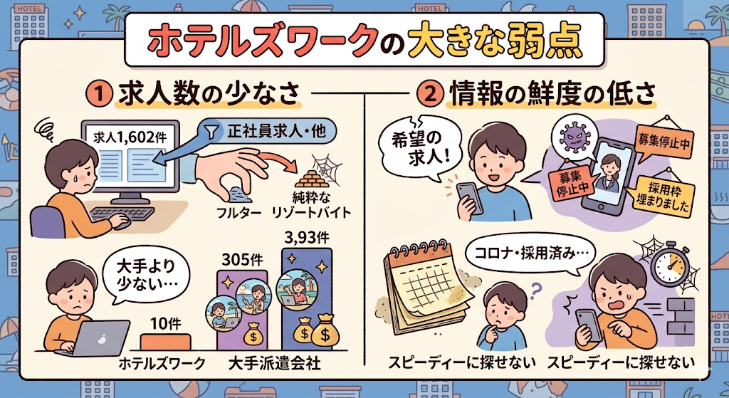 ホテルズワークの大きな弱点「求人数の少なさ」と「情報の鮮度の低さ」をわかりやすく図解