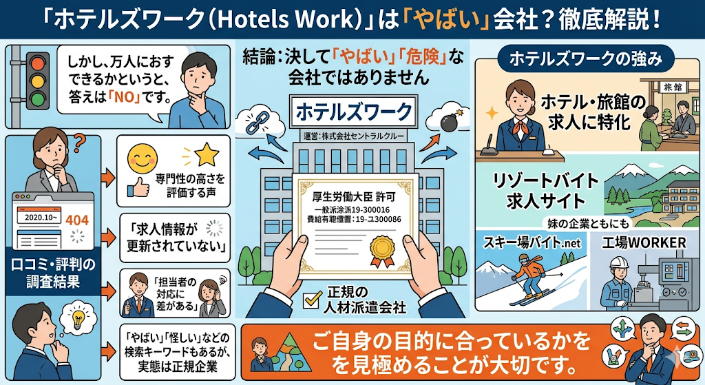 ホテルズワーク 評判はやばい?セントラルクルーの実態と結論をわかりやすく図解